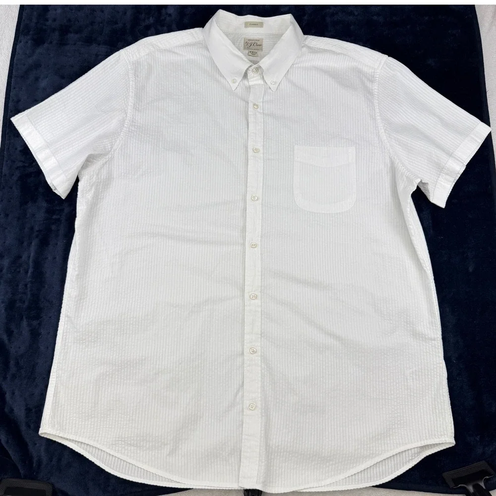 J. Crew Seersucker Mens XXLT Button Down Shirt White Organic Cotton Striped